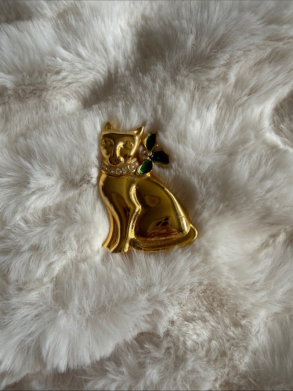 Gold Cat Brooch with Green Bow Accent